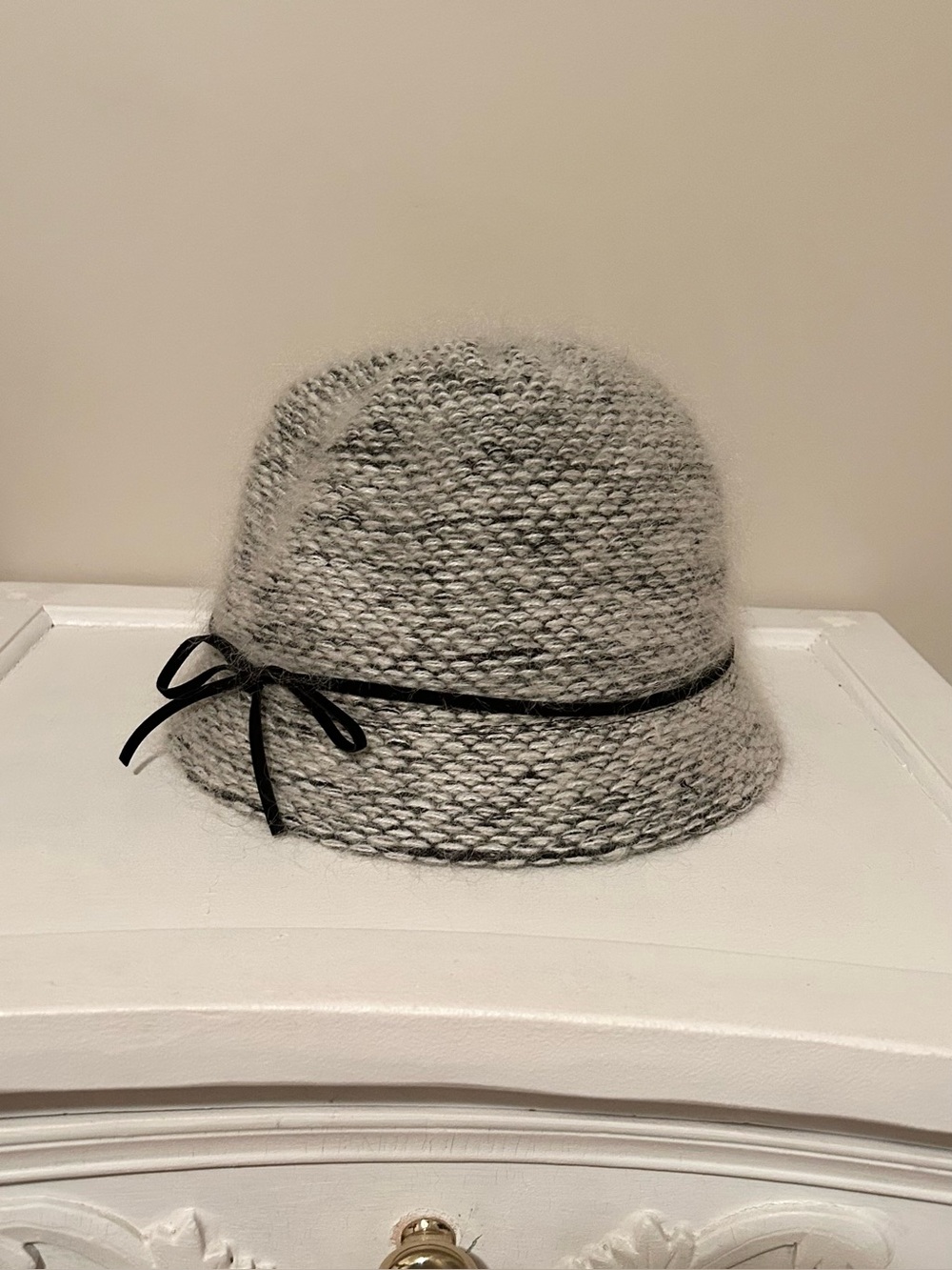 CANADIAN HAT Women Gray Knit Bucket Hat with Black Bow Trim